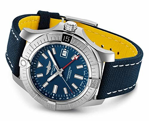 Breitling watch with blue dial and yellow interior strap, showcasing the watch's intricate mechanisms and high-quality craftsmanship.