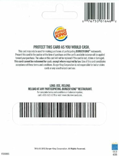 Back view of a Burger King gift card with barcode and terms.