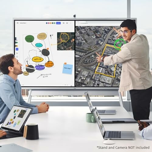 Team in a meeting with a digital presentation screen showing maps and diagrams.