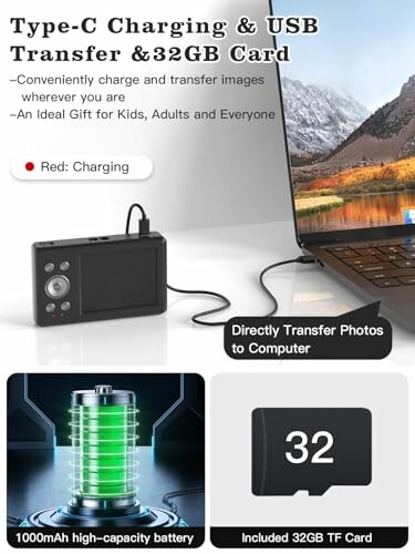 Camera connected to laptop via Type-C for charging and data transfer, includes 32GB card.