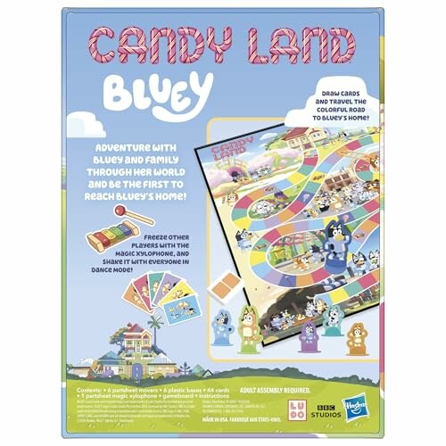 Candy Land Bluey board game box with colorful board and character illustrations.