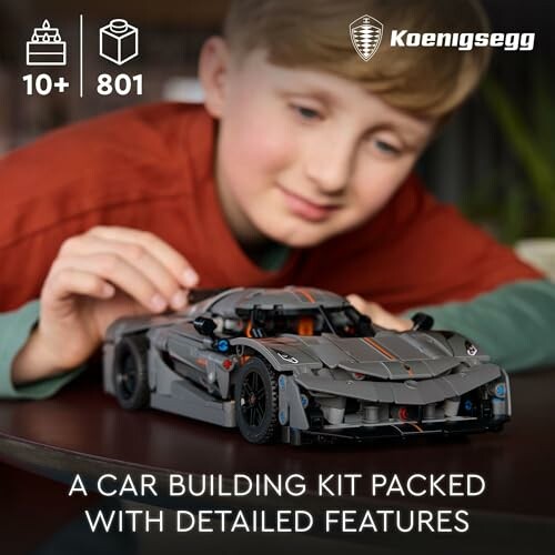 Child playing with a detailed car building kit.