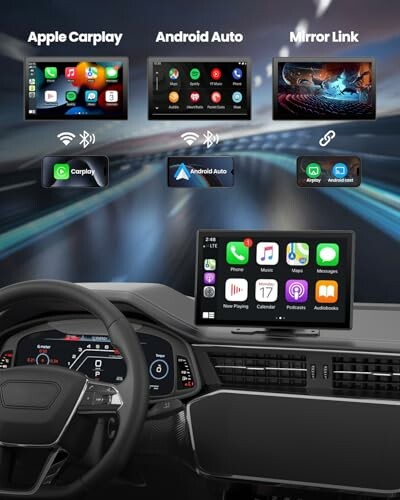 Car dashboard with Apple CarPlay, Android Auto, and Mirror Link displays.