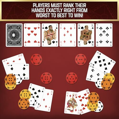 Card game with playing cards and poker chips on a red background.