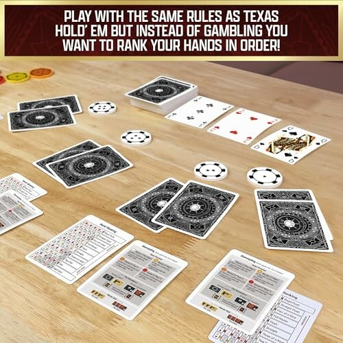 Card game setup with Texas Hold'em variant rules displayed on a table.