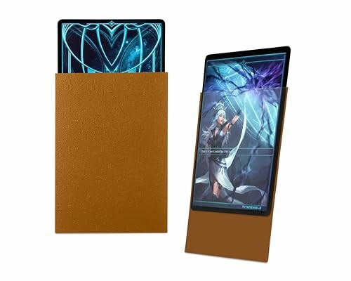 Two cards in a brown card holder, one with a blue design, the other with a character illustration.