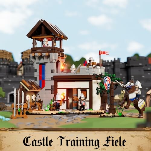 Lego castle training field with knights and horses.