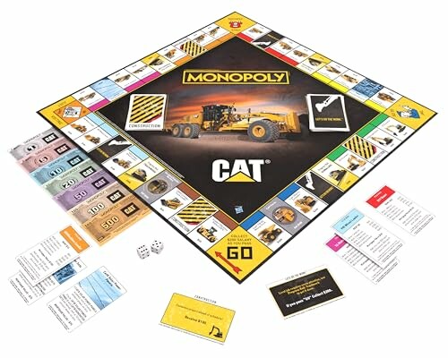 Monopoly board game with CAT construction theme, including board, money, and cards.