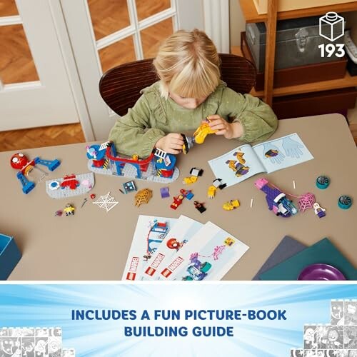 Child assembling a LEGO set with instruction booklet on a table.