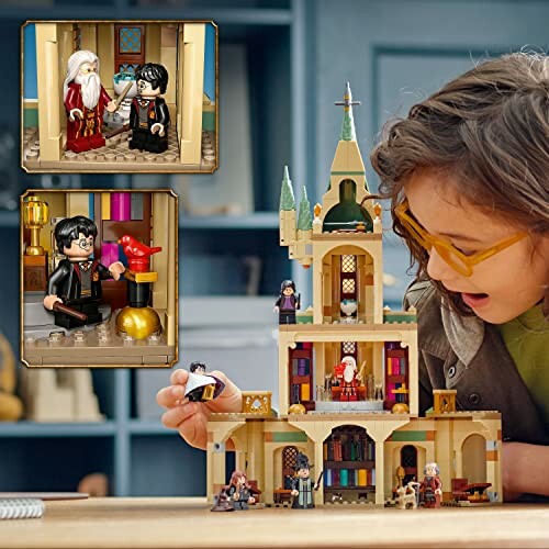 Child playing with a LEGO castle set featuring wizard and bird figures.