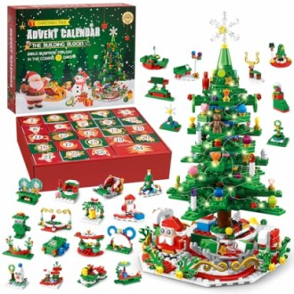 Christmas advent calendar with toy building blocks and tree.