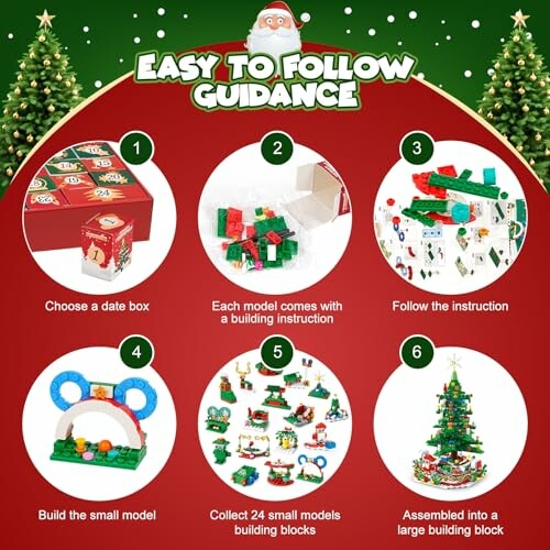 Instructions for assembling a Christmas building block set with six steps.