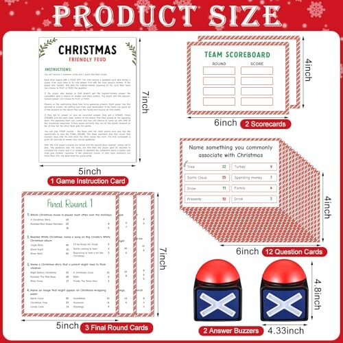 Christmas themed game set with instruction card, scorecards, question cards, and buzzers.