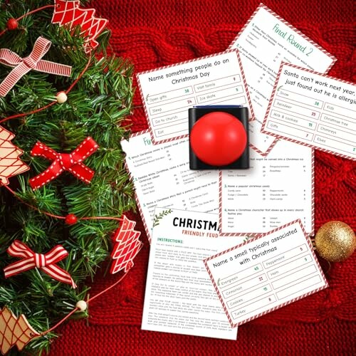 Christmas game papers with buzzer and tree decoration