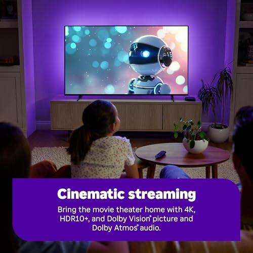 People watching a robot movie on TV with cinematic streaming.