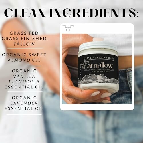 Tallow cream jar held in hand, listing clean ingredients.