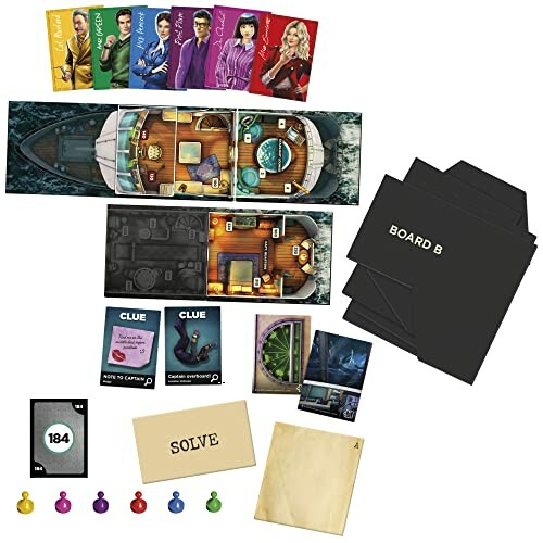 Components of Clue board game including board, cards, and game pieces.