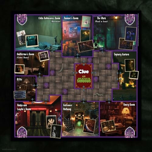 Clue board game layout with themed rooms and cards.