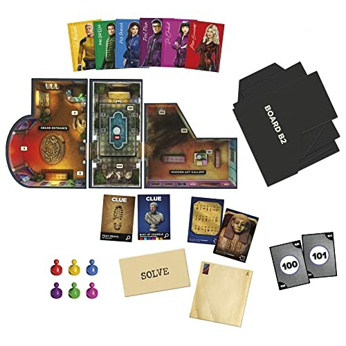 Components of a Clue board game set including cards, board, and pieces.