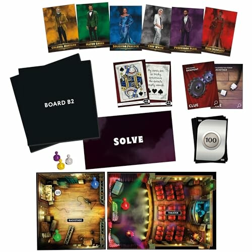 Clue board game setup with character cards, board pieces, and accessories.