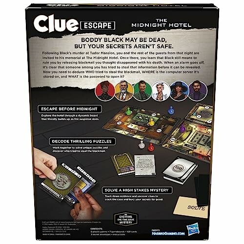 Back of Clue Escape: The Midnight Hotel game box showing board and components.