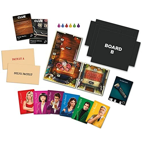 Clue escape room game components including cards and board.