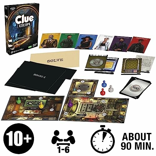 Clue Escape board game components including cards, boards, and pieces.