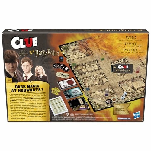 Back of Clue Harry Potter board game box showing game components and theme.