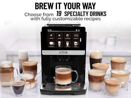 Coffee machine with 19 specialty drinks options displayed.