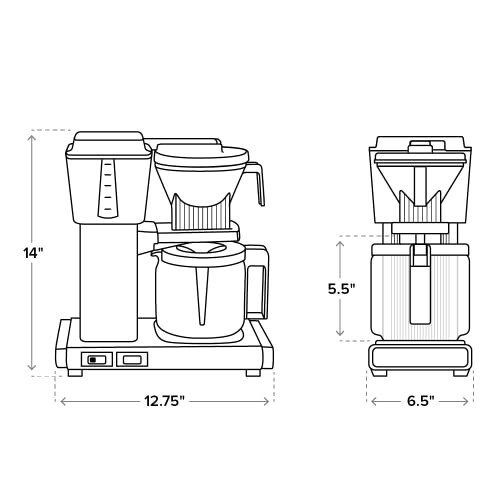 Diagram of a coffee maker with dimensions