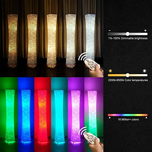 Colorful floor lamps with remote control and adjustable brightness and color temperatures.