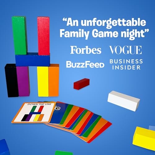 Colorful game pieces and cards with promotional quotes from Forbes, Vogue, BuzzFeed, and Business Insider.