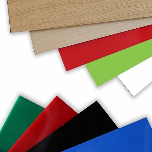 Various colorful laminate sheets, including wood and solid colors.