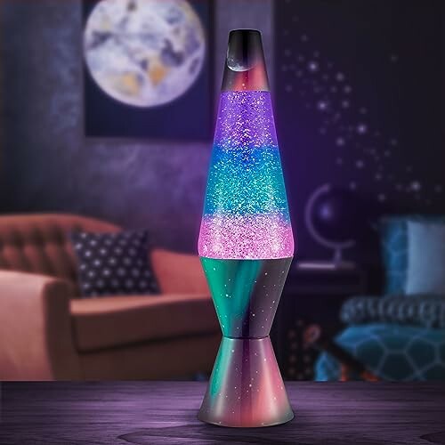 Vibrant multicolored lava lamp on a table with a cosmic-themed background.