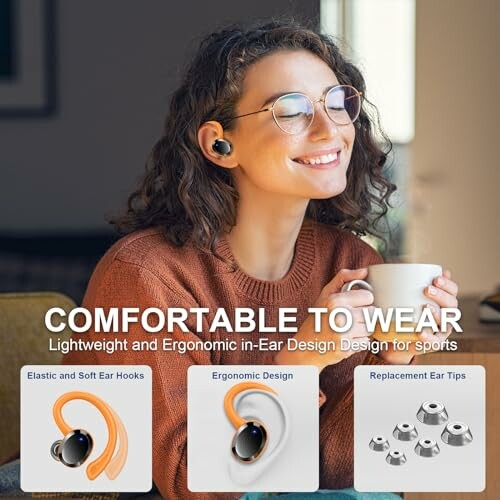 Woman wearing comfortable in-ear earbuds with ergonomic design.