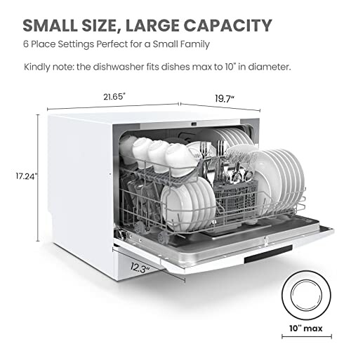 Compact countertop dishwasher with six place settings and dimensions.