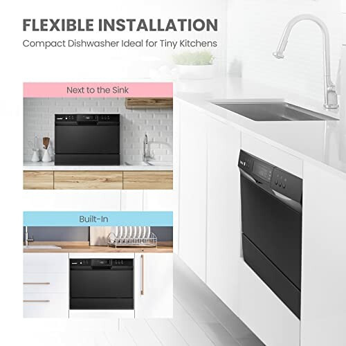 Compact dishwasher with flexible installation options, next to the sink or built-in.