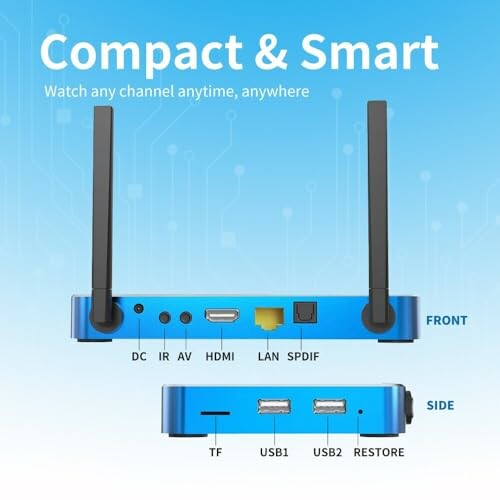 Front and side view of a compact media device with antennas and various ports.