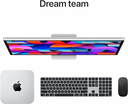 Top view of a monitor, Mac Mini, keyboard, and mouse with 'Dream team' text.