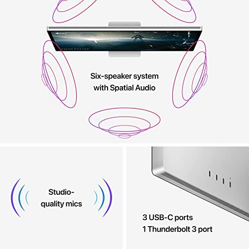 Computer with six-speaker system, studio-quality mics, USB-C and Thunderbolt ports.