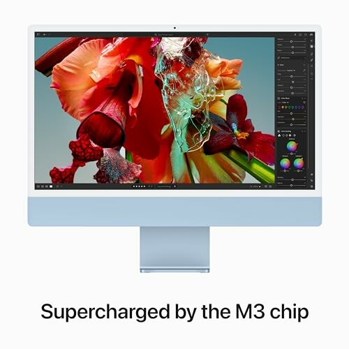 Computer screen displaying colorful abstract art, text 'Supercharged by the M3 chip' below.