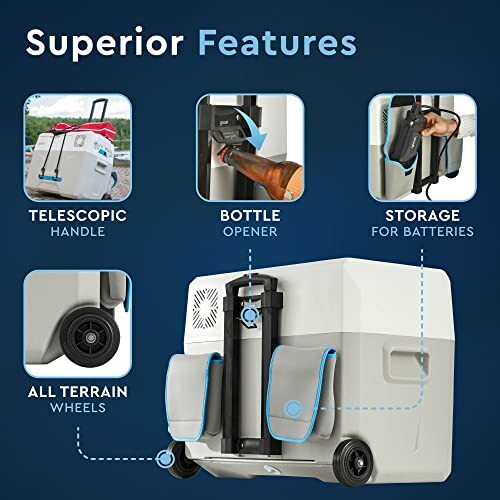 Cooler with telescopic handle, bottle opener, battery storage, all-terrain wheels.