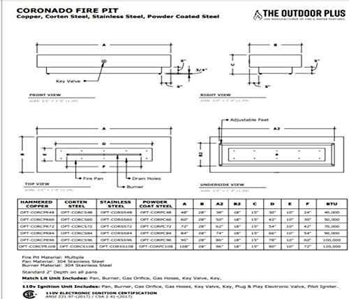 Coronado fire pit specifications with dimensions and materials.