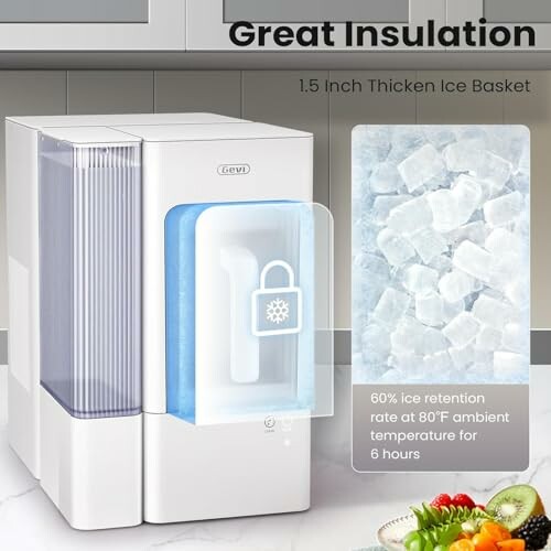 Countertop ice maker with ice basket and insulation features.