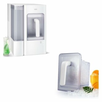 Countertop ice maker with ice bin and drinks.