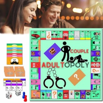 A couple playing an adult-themed board game with colorful cards and dice.