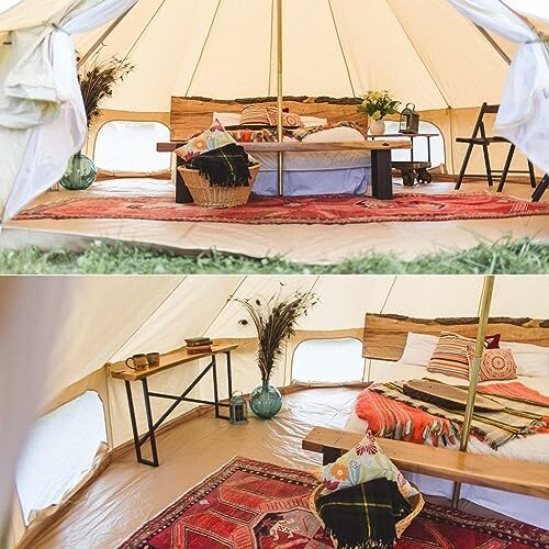 Interior of a cozy tent with bed, rugs, and decorations.