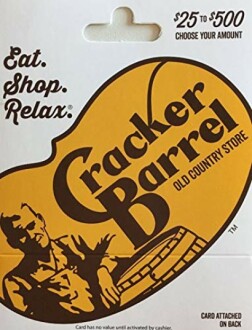 Cracker Barrel gift card with $25 to $500 value options.