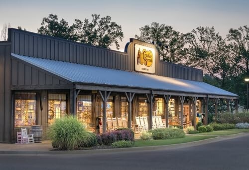 Cracker Barrel restaurant exterior at dusk