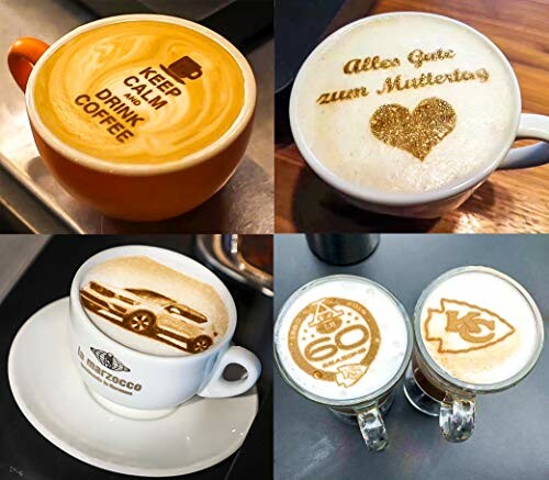 Various cups of coffee with creative latte art designs.